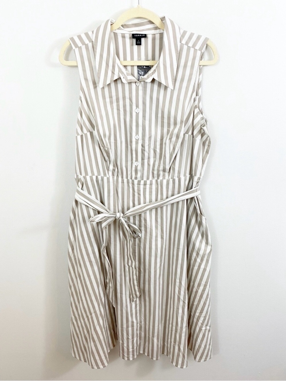 NWT Torrid Beige & White Striped Sleeveless Shirt Dress with Tie Waist